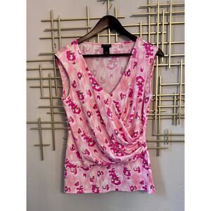 Ann Taylor Pink & White Floral Print Drape Front Sleeveless Blouse